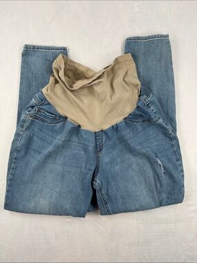 Indigo Blue Women’s Boyfriend Maternity Jeans with Tan Full Belly Panel